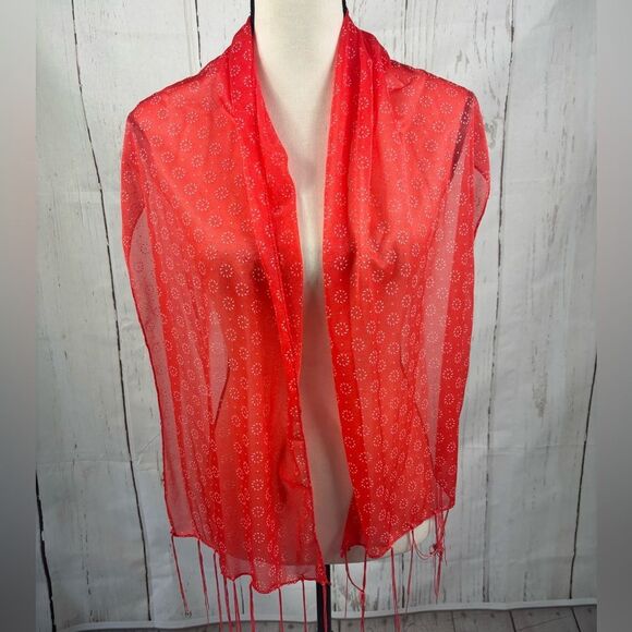 Hot Corral w/ White Ornaments Semi Sheer Scarf Fringe - Picture 1 of 4